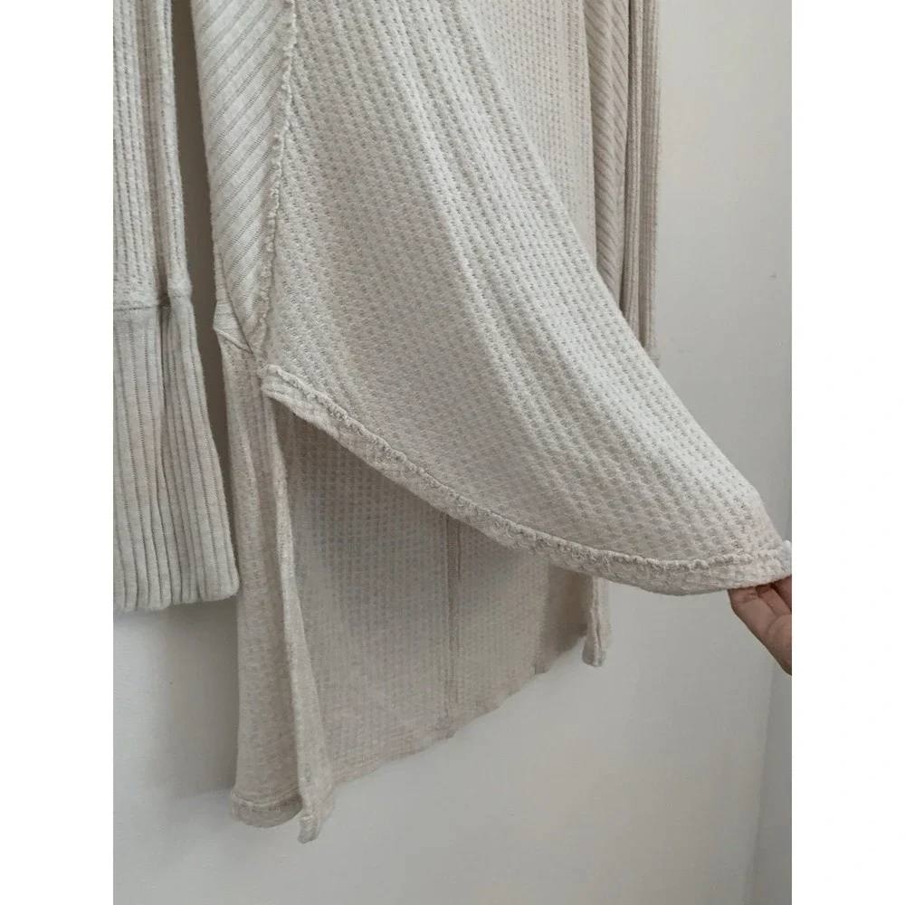 Free People‎ Sz S Ventura Pullover Beige Thermal Waffle Loose Cozy Soft Lounge